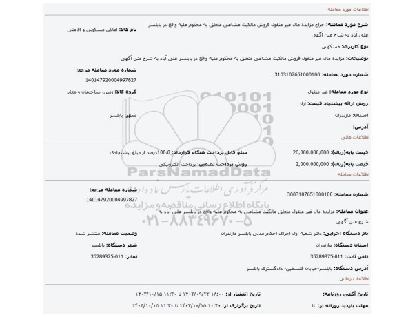 مزایده، مزایده مال غیر منقول  فروش مالکیت مشاعی متعلق به محکوم علیه واقع در بابلسر علی آباد به شرح متن آگهی