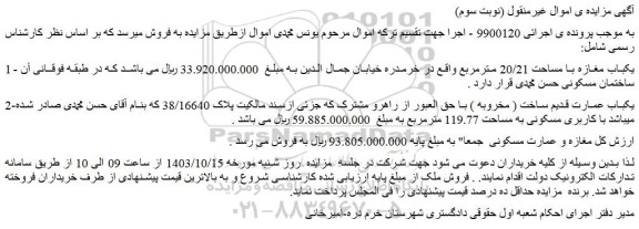 مزایده فروش یکباب مغازه با مساحت 20/21 مترمربع