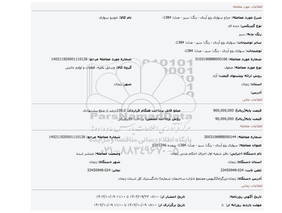 مزایده، سواری پژو آردی - رنگ: سبز - مدل: 1384-