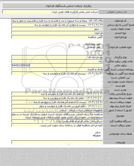 مناقصه, مناقصه واگذاری حجمی بازدیدهای ادواری کنترل کیفیت و مجاری عرضه در سطح منطقه ونواحی تابعه شرکت ملی پخش فرآورده های نفتی منطقه کرمان