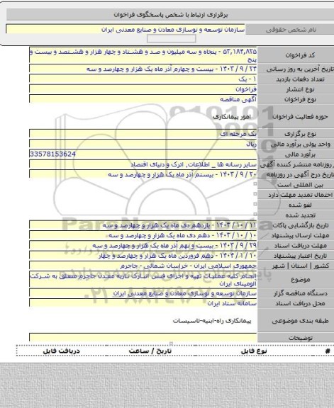 مناقصه, انجام کلیه عملیات تهیه و اجرای فنس انبارک ناریه معدن جاجرم متعلق به شرکت آلومینای ایران