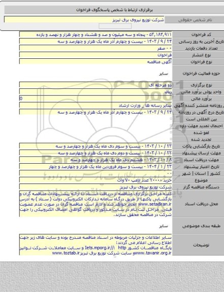مناقصه, خرید ۲۰۰۰۰ عدد لامپ ۷۰ وات