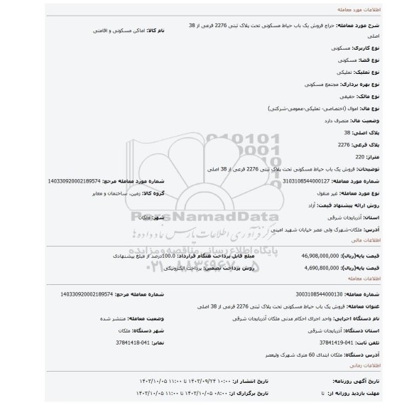 مزایده، فروش یک باب حیاط مسکونی تحت پلاک ثبتی 2276 فرعی از 38 اصلی