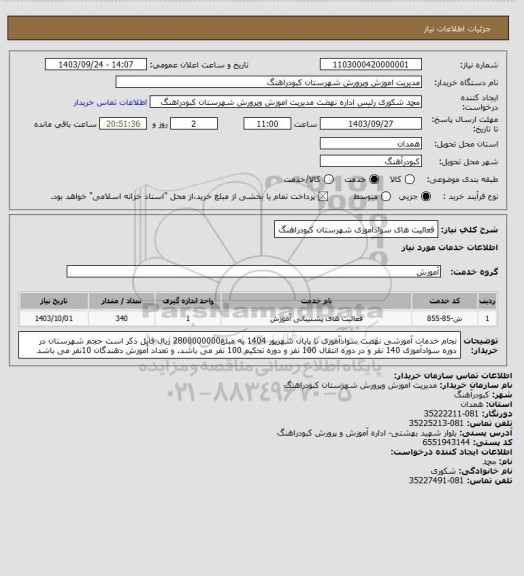 استعلام فعالیت های سواداموزی شهرستان کبودراهنگ