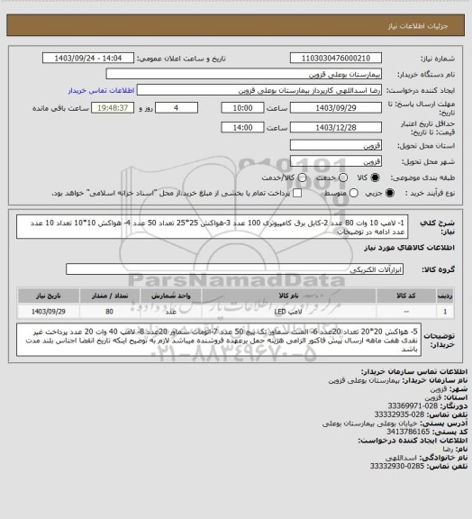 استعلام 1- لامپ 10 وات  80 عدد  2-کابل برق کامپیوتری 100 عدد 3-هواکش 25*25 تعداد 50 عدد 4- هواکش 10*10 تعداد 10 عدد  عدد   ادامه در توضیحات