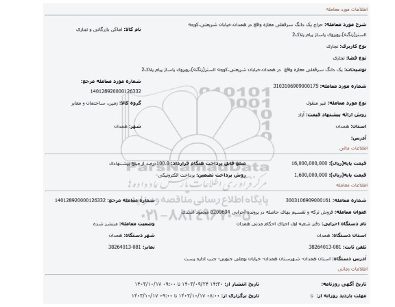 مزایده، یک دانگ سرقفلی مغازه واقع در همدان،خیابان شریعتی،کوچه ااستر(زنگنه)،روبروی پاساژ پیام پلاک2