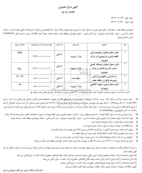 حراج حضوری اجاره محل استقرار مجموعه بازی (قلعه بادی و ترامبولین) در پارک شهروند و....