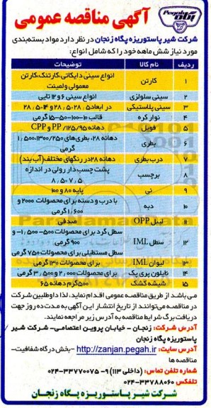 مناقصه  مواد بسته بندی مورد نیاز کارتن ...