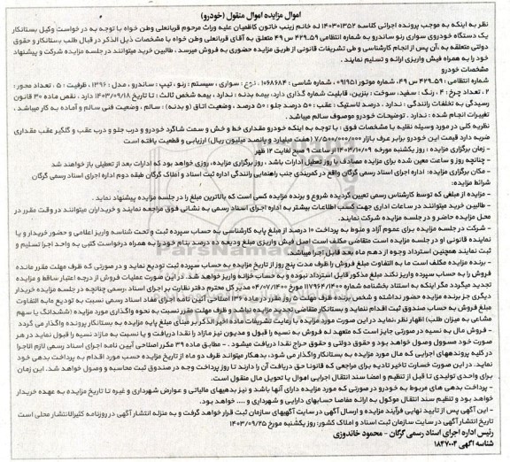 مزایده فروش خودرو رنو ساندرو مدل 1396