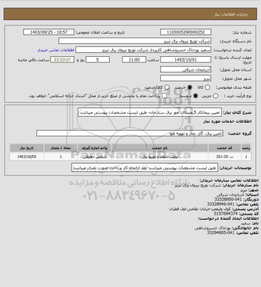 استعلام تعیین پیمانکار 5روستای امور برق ستارخان- طبق لیست مشخصات پیوستی میباشد