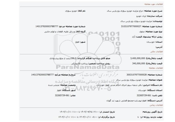 مزایده، مزایده خودرو سواری پژو پارس سال