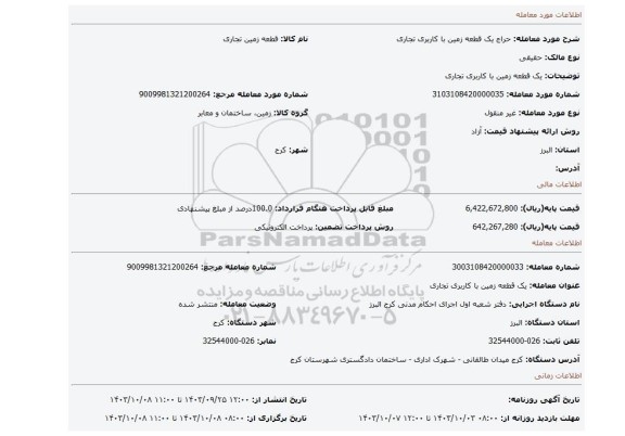 مزایده، یک قطعه زمین با کاربری تجاری