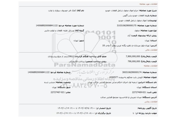مزایده، اموال منقول شامل قطعات خودرو