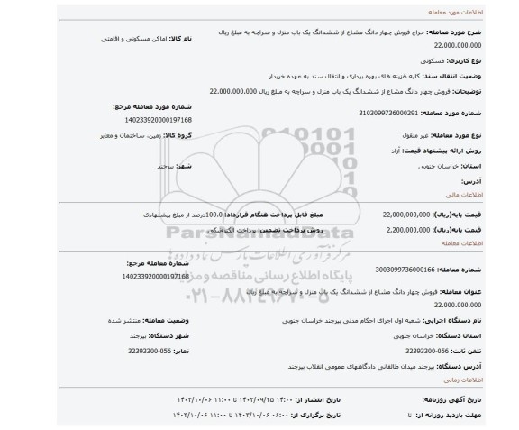 مزایده، فروش چهار دانگ مشاع از ششدانگ یک باب منزل و سراچه به مبلغ ریال 22.000.000.000