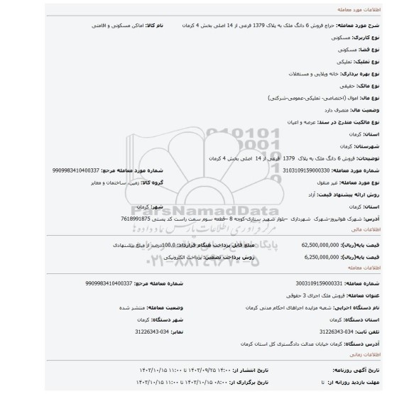 مزایده، فروش 6 دانگ ملک به پلاک 1379 فرعی از 14 اصلی بخش 4 کرمان