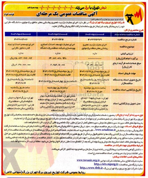 مناقصه اجرای عملیات بازدید ،تعمیر و روشنایی معابر... -نوبت دوم