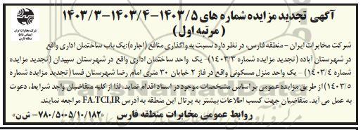 مزایده واگذاری منافع (اجاره) یک باب ساختمان اداری..