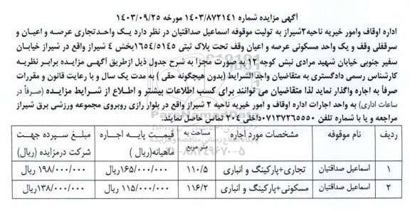 مزایده واگذاری یک واحد تجاری عرصه و اعیان و سرقفلی وقف