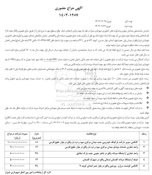 حراج حضوری بهره برداری از تعدادی غرف واقع در سطح شهر 