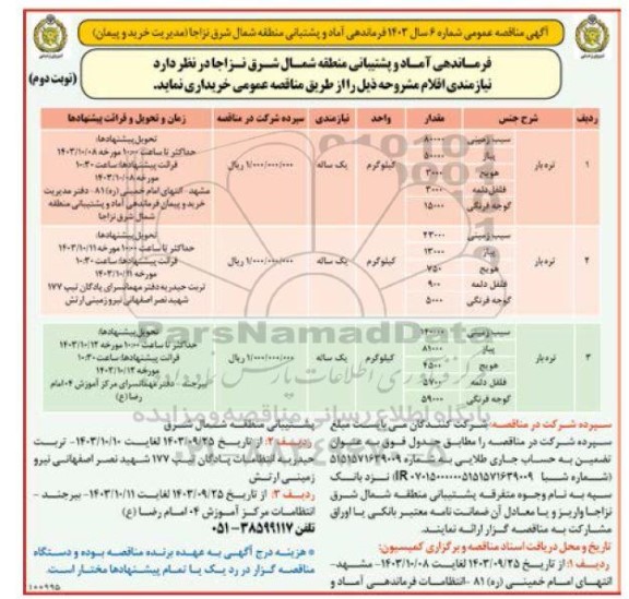 مناقصه خریداری تره بار - نوبت دوم 
