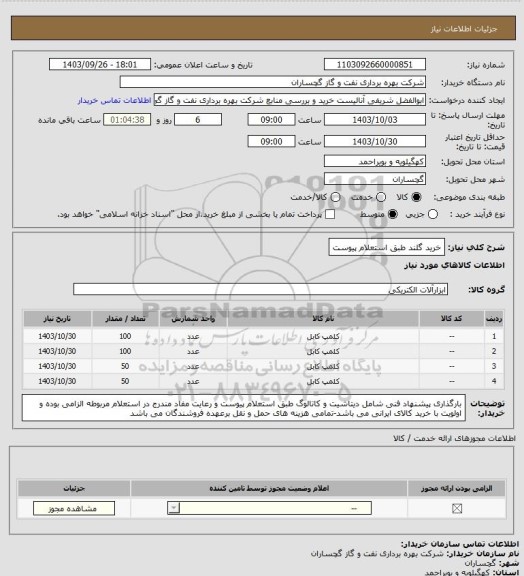 استعلام خرید گلند طبق استعلام پیوست