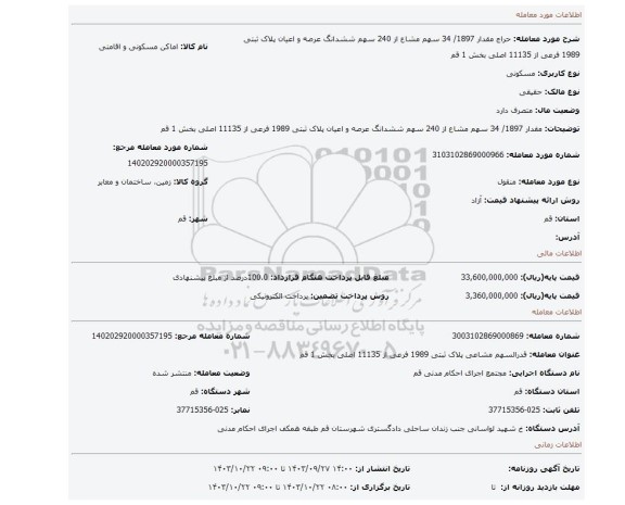 مزایده، مقدار 1897/ 34 سهم مشاع از 240 سهم ششدانگ عرصه و اعیان پلاک ثبتی 1989 فرعی از 11135 اصلی بخش 1 قم