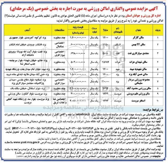 مزایده واگذاری اماکن ورزشی به صورت اجاره