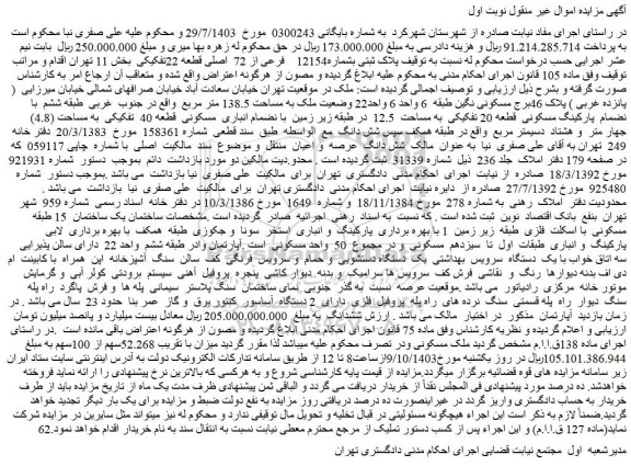 مزایده ملک پلاک ثبتی بشماره12154 فرعی از 72 اصلی قطعه 22تفکیکی
