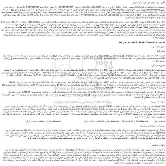 مزایده شش دانگ عرصه و اعیان یک قطعه زمین (وضعیت خاص طلق) به شماره 1125 فرعی از 152 اصلی قطعه 1186 تفکیکی مفروز و مجزی شده از صفر فرعی از اصلی