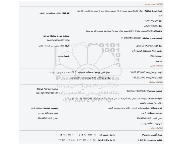 مزایده،  38.28سهم مشاع از 175سهم مغازه دوم به مساحت تقریبی 25 متر مربع