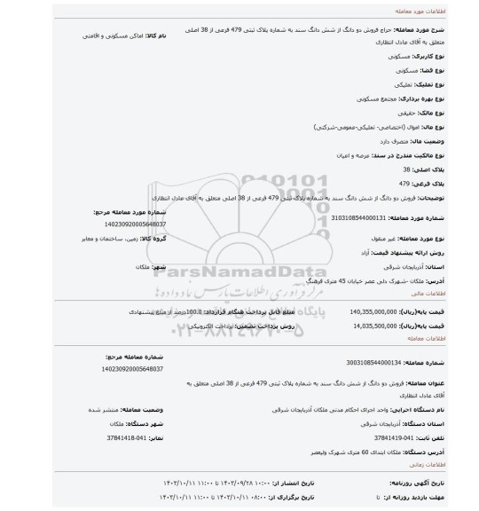 مزایده، فروش دو دانگ از شش دانگ سند به شماره پلاک ثبتی 479 فرعی از 38 اصلی متعلق به آقای عادل انتظاری