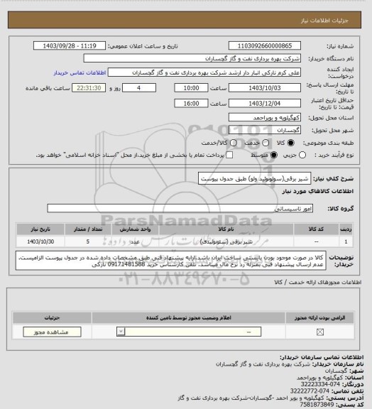 استعلام شیر برقی(سولونوئید ولو) طبق جدول پیوست