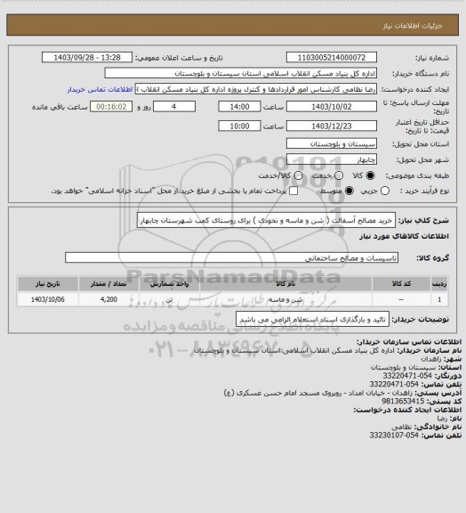 استعلام خرید مصالح آسفالت ( شن و ماسه و نخودی ) برای روستای کمب شهرستان چابهار