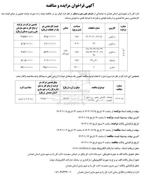 مزایده و مناقصه عملیات تکمیلی محور رزن - دمق و...