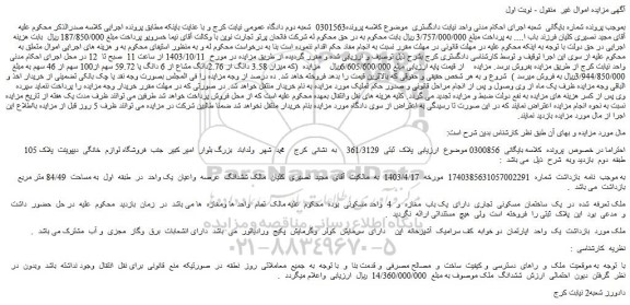 مزایده ششدانگ عرصه واعیان یک واحد در طبقه اول به مساحت 84/49 متر مربع