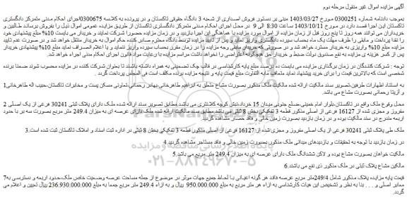 مزایده ملک دارای پلاک ثبتی 30241 فرعی از یک اصلی مفروز و مجزی شده از 16127 فرعی از اصلی