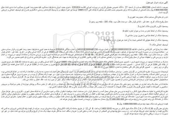 مزایده 2.4 دانگ از پلاک ثبتی از پلاک ثبتی 19695 فرعی از 157 اصلی