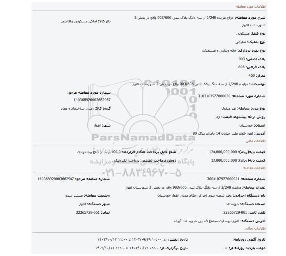 مزایده، مزایده 2/248 از سه دانگ پلاک ثبتی 903/606 واقع در بخش 3 شهرستان اهواز