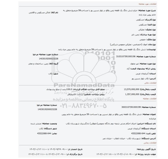 مزایده، شش دانگ یک قطعه زمین واقع در بلوار نسرین پور با مساحت59 مترمربع متعلق به خانم پروین مراد زاده