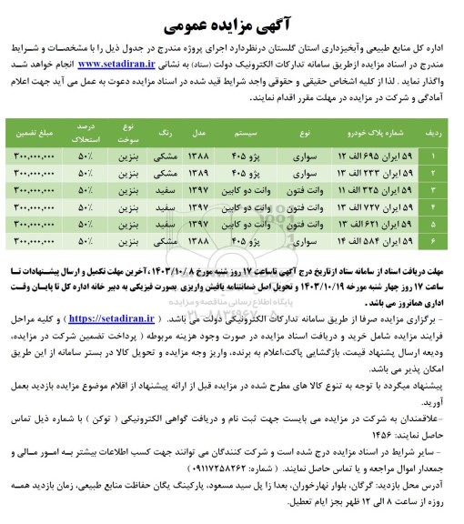 مزایده عمومی واگذاری سواری پژو 405...
