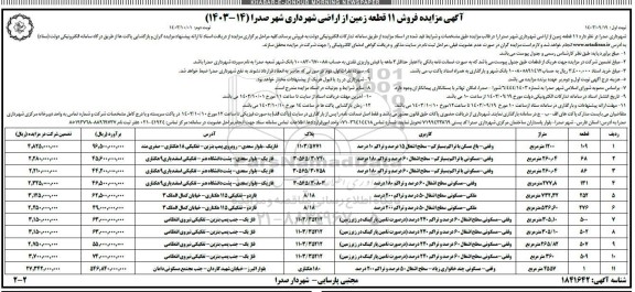 مزایده فروش 11 قطعه زمین از اراضی شهرداری صدرا - نوبت دوم
