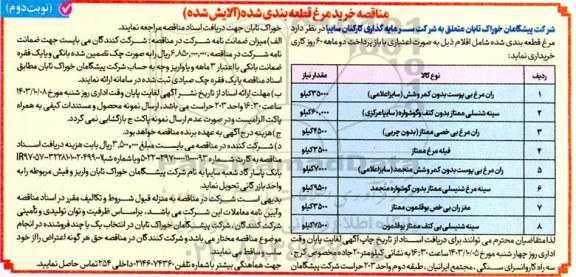 مناقصه خرید مرغ قطعه بندی شده (آلایش شده) نوبت دوم 