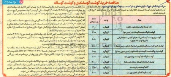 مناقصه خرید گوشت گوسفندی و گوشت گوساله- نوبت دوم