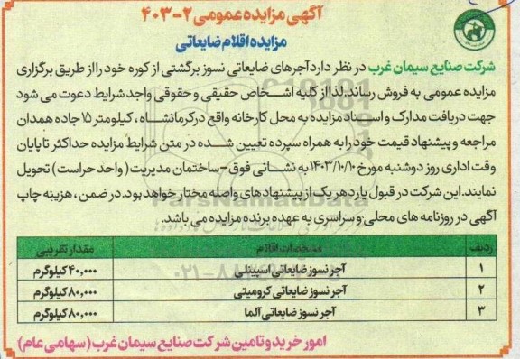 مزایده آجرهای ضایعاتی نسوز برگشتی از کوره