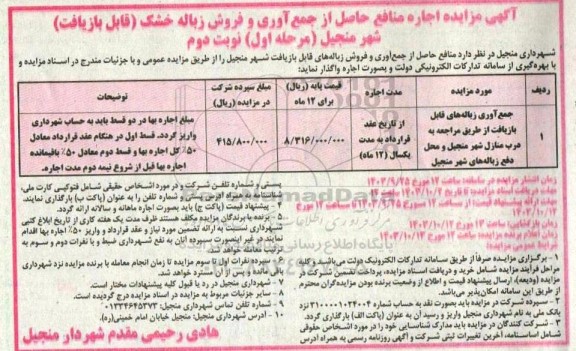 مزایده اجاره منافع حاصل از جمع آوری و فروش زباله خشک (قابل بازیافت) -  نوبت دوم 