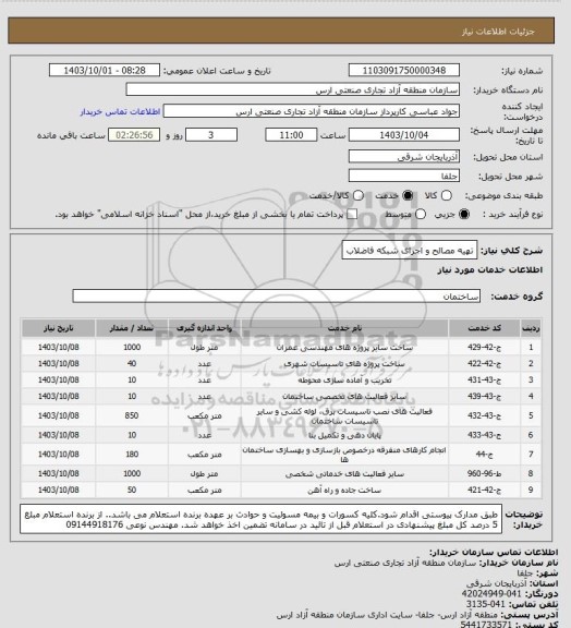 استعلام تهیه مصالح و اجرای شبکه فاضلاب