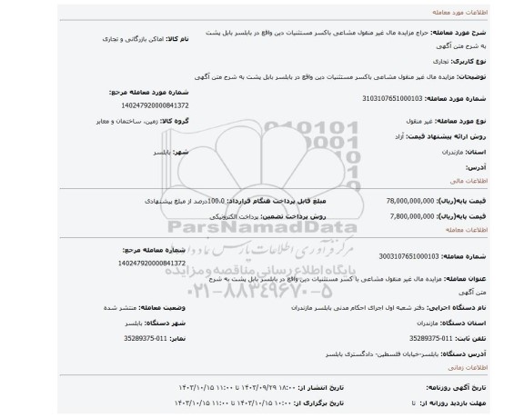 مزایده، مزایده مال غیر منقول مشاعی باکسر مستثنیات دین واقع در بابلسر بابل پشت به شرح متن آگهی