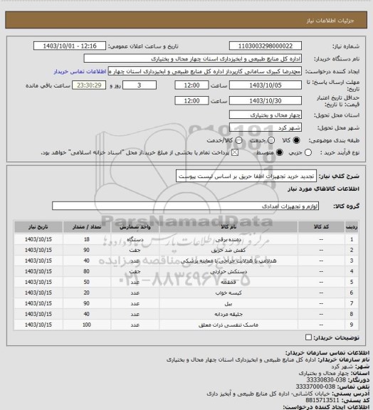 استعلام تجدید خرید تجهیزات اطفا حریق بر اساس لیست پیوست