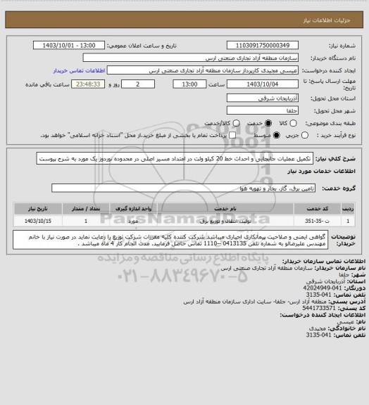 استعلام تکمیل عملیات جابجایی و احداث خط 20 کیلو ولت در امتداد مسیر اصلی در محدوده نوردوز      یک مورد به شرح پیوست