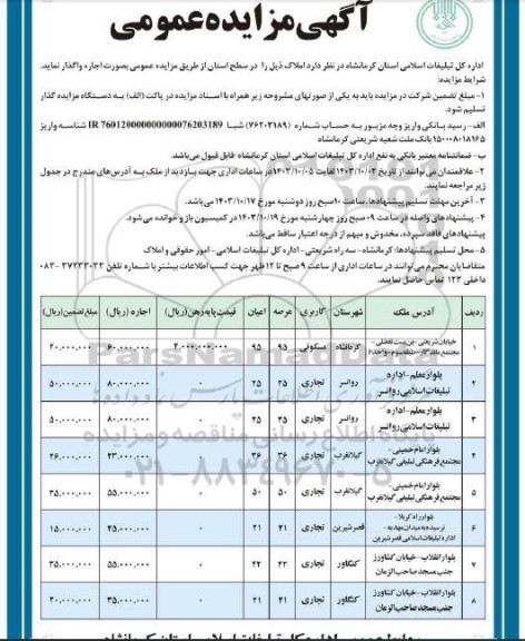 مزایده عمومی اجاره املاک